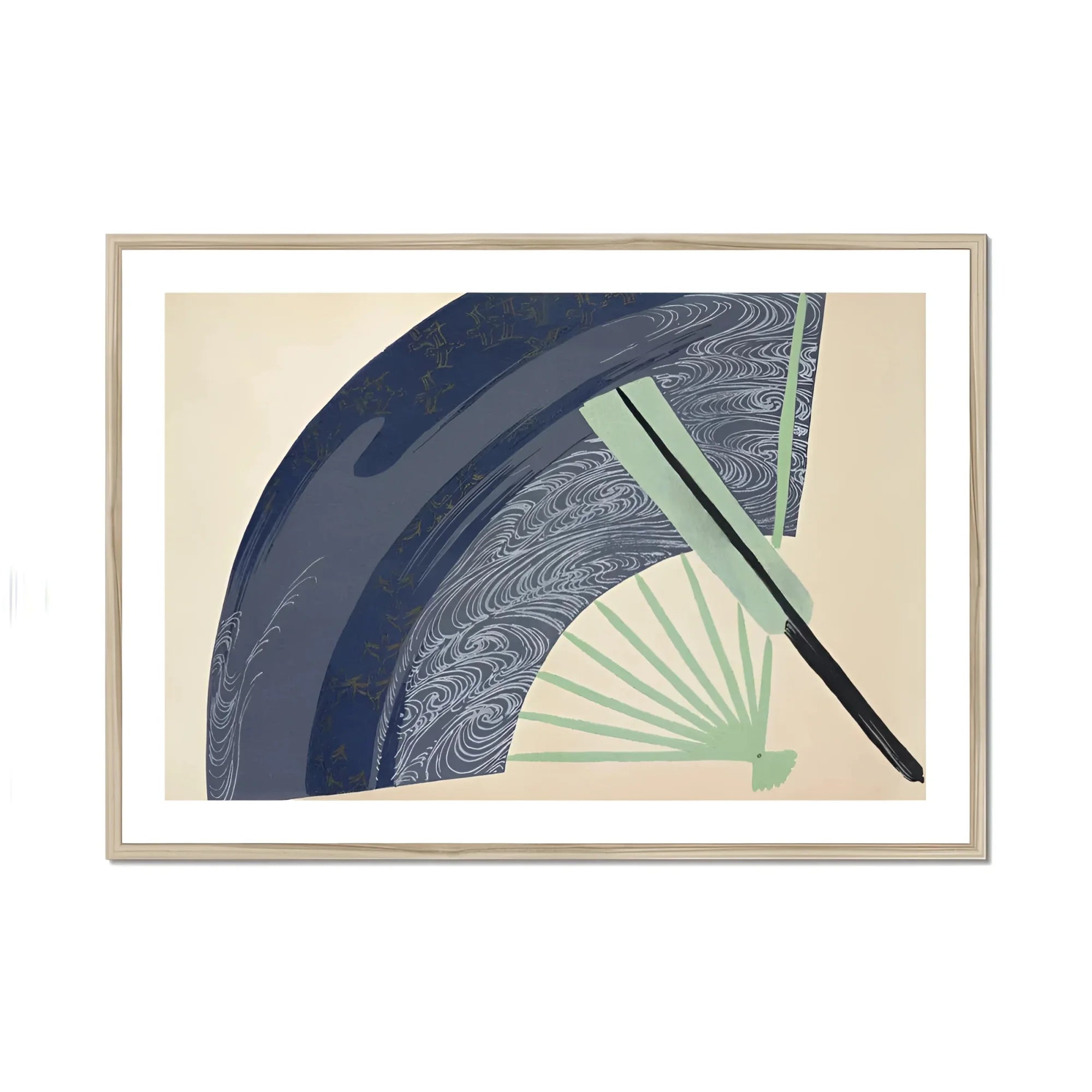 Fan - Kamisaka Sekka Japanese Meiji Art Print, Decorative Fan Navy Blue Mint Green Colors