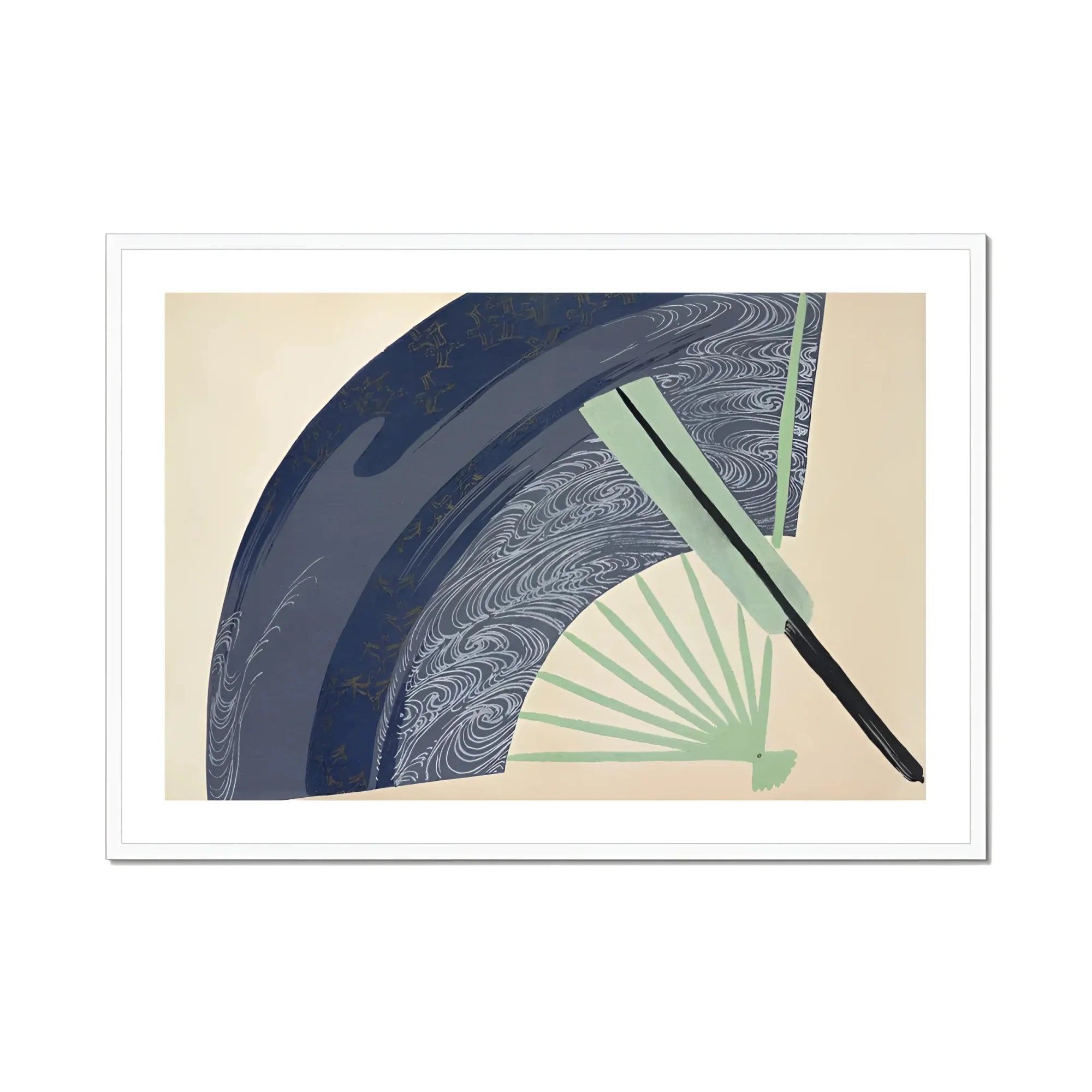 Fan - Kamisaka Sekka Japanese Meiji Art Print, Decorative Fan Navy Blue Mint Green Colors Wave