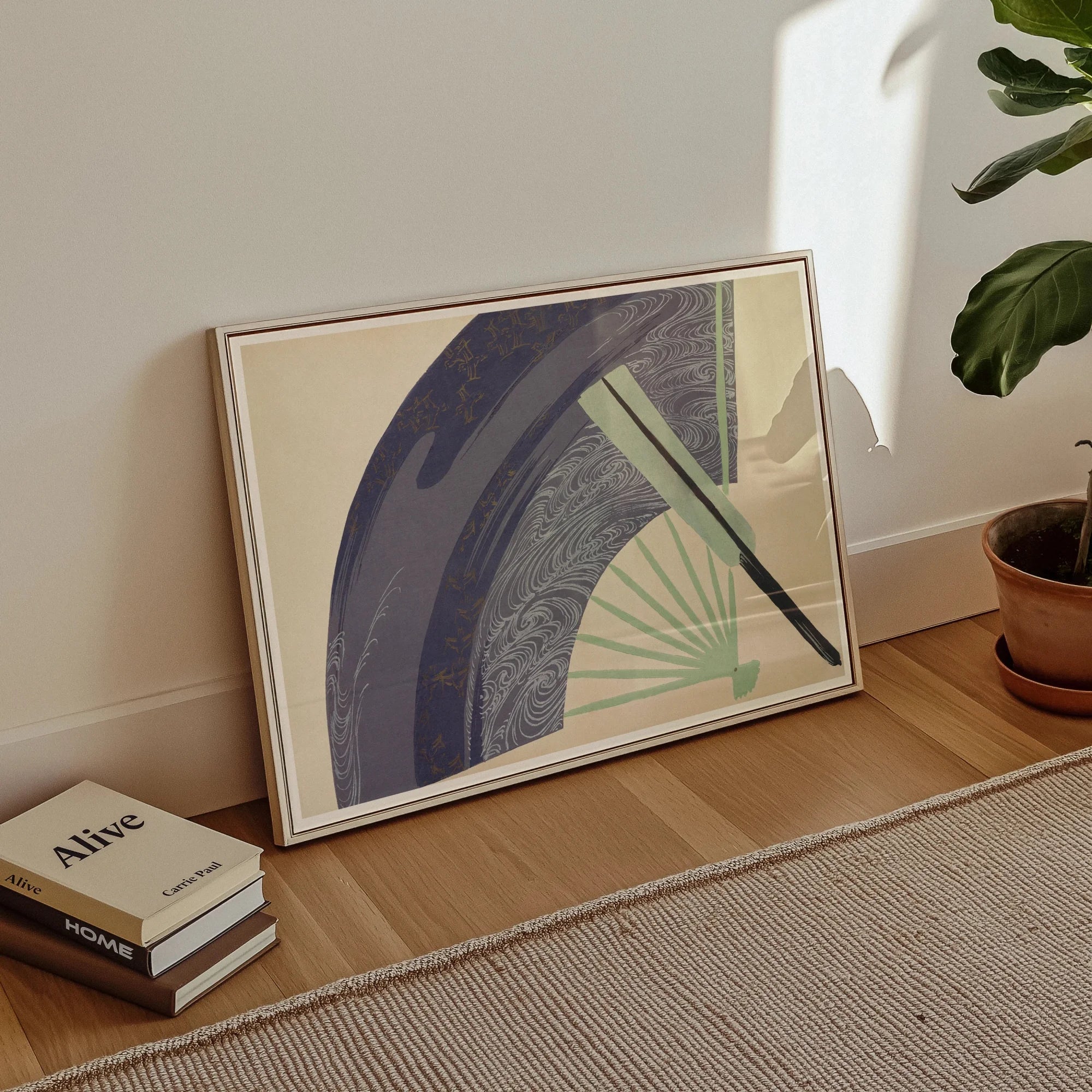 Fan - Kamisaka Sekka Japanese Meiji Art Print, Framed Abstract Artwork Curved Fan Shape Muted Green