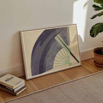 Fan - Kamisaka Sekka Japanese Meiji Art Print, Framed Abstract Artwork Curved Fan Shape Muted Green