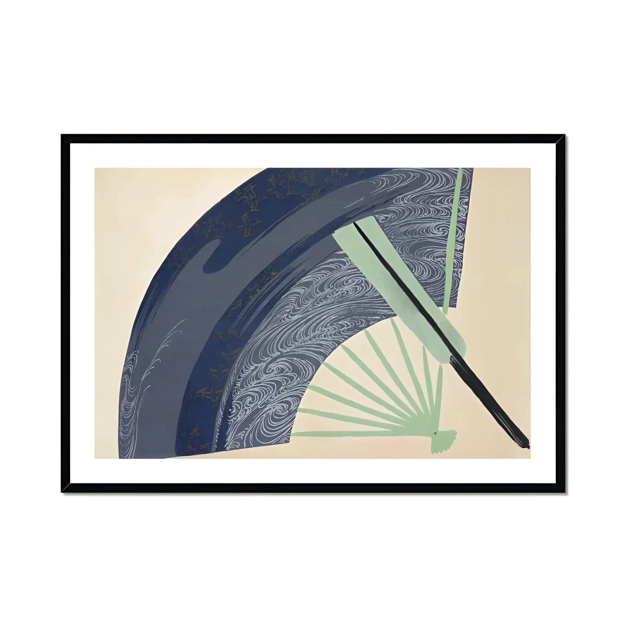 Fan - Kamisaka Sekka Japanese Meiji Art Print, Partially Opened Decorative Fan Wave Patterns Navy Blue