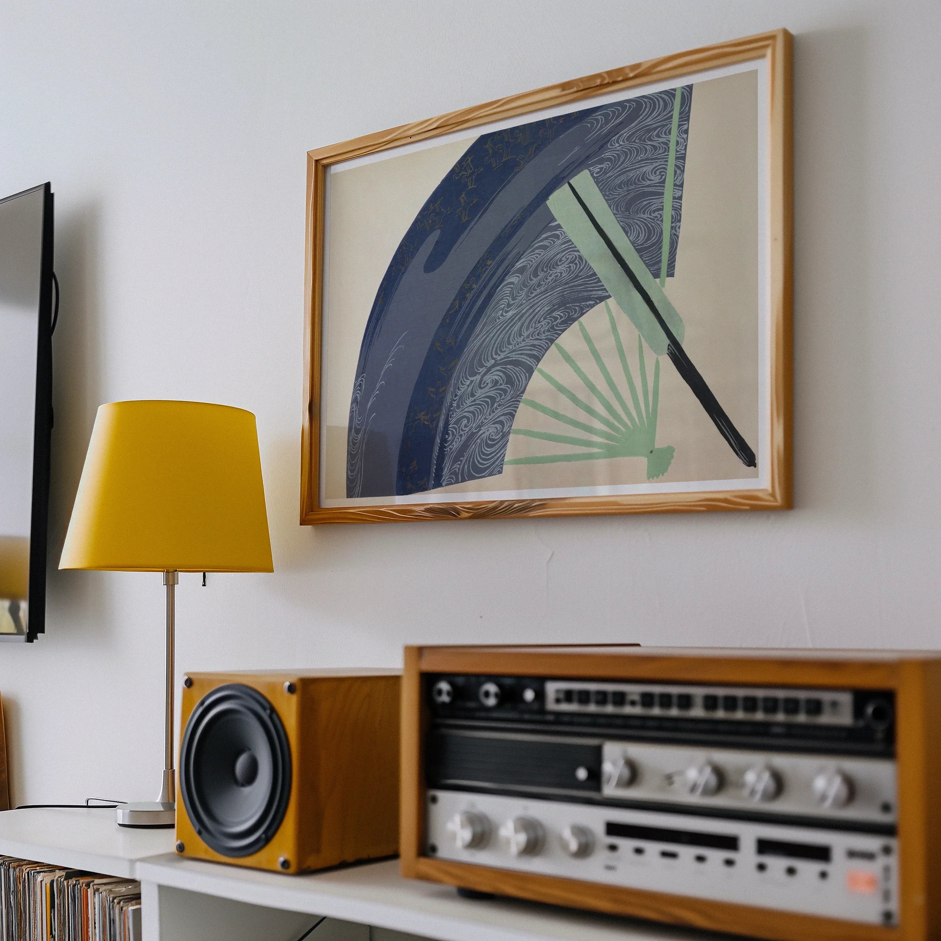 Fan Kamisaka Sekka Japanese Meiji Art Print, Vintage Stereo Receiver Wooden Case Silver Control Knobs