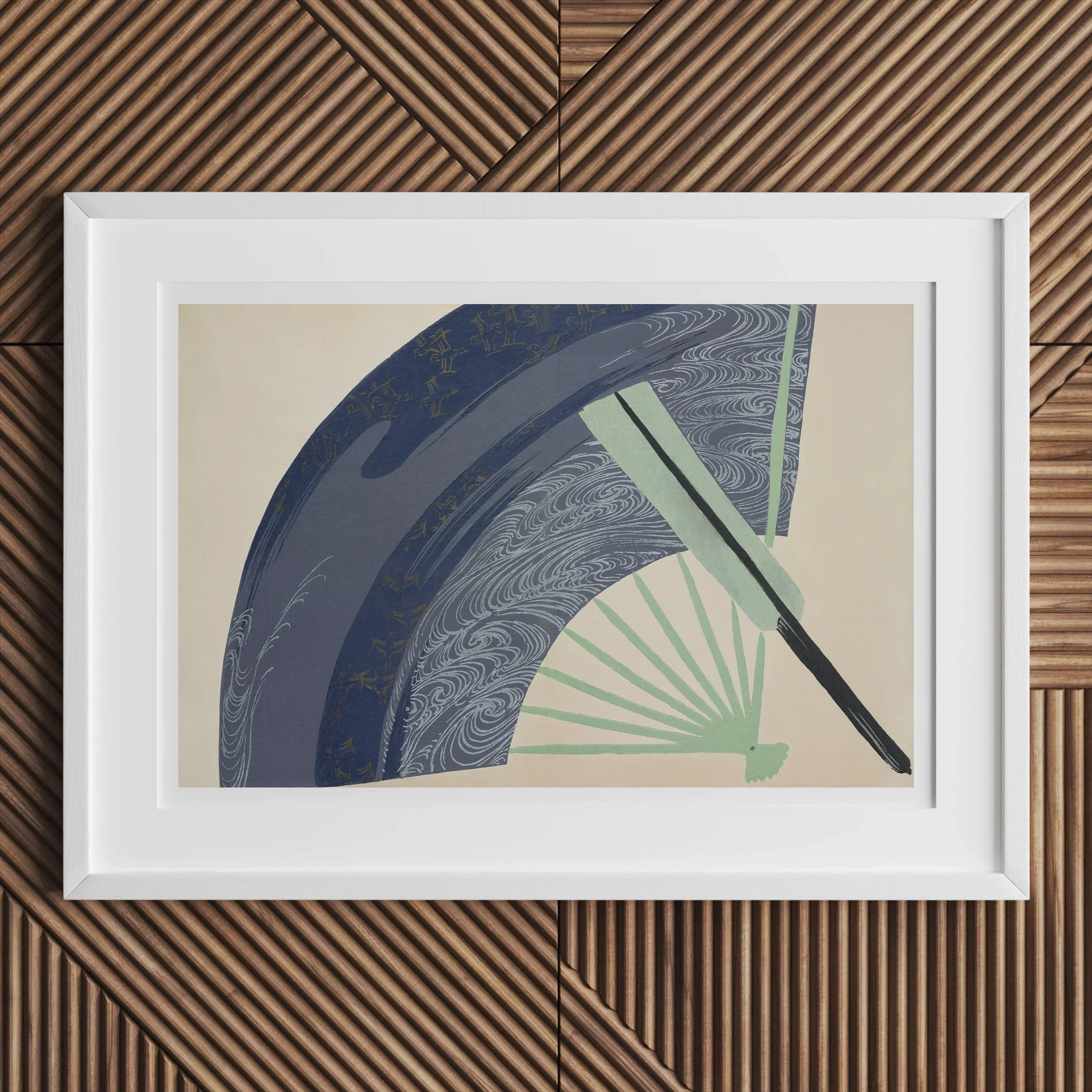 Fan - Kamisaka Sekka Japanese Meiji Art Print, White-framed Artwork Abstract Fan Design Blue Mint Green