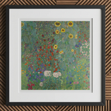 Farm Garden with Sunflowers - Gustav Klimt Art Print, 12x12’’ / 31x31cm / Black Frame / 2’’ Matboard, Framed Painting Colorful Garden