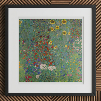 Farm Garden with Sunflowers - Gustav Klimt Art Print, 12x12’’ / 31x31cm / Black Frame / 2’’ Matboard, Framed Painting Colorful Garden