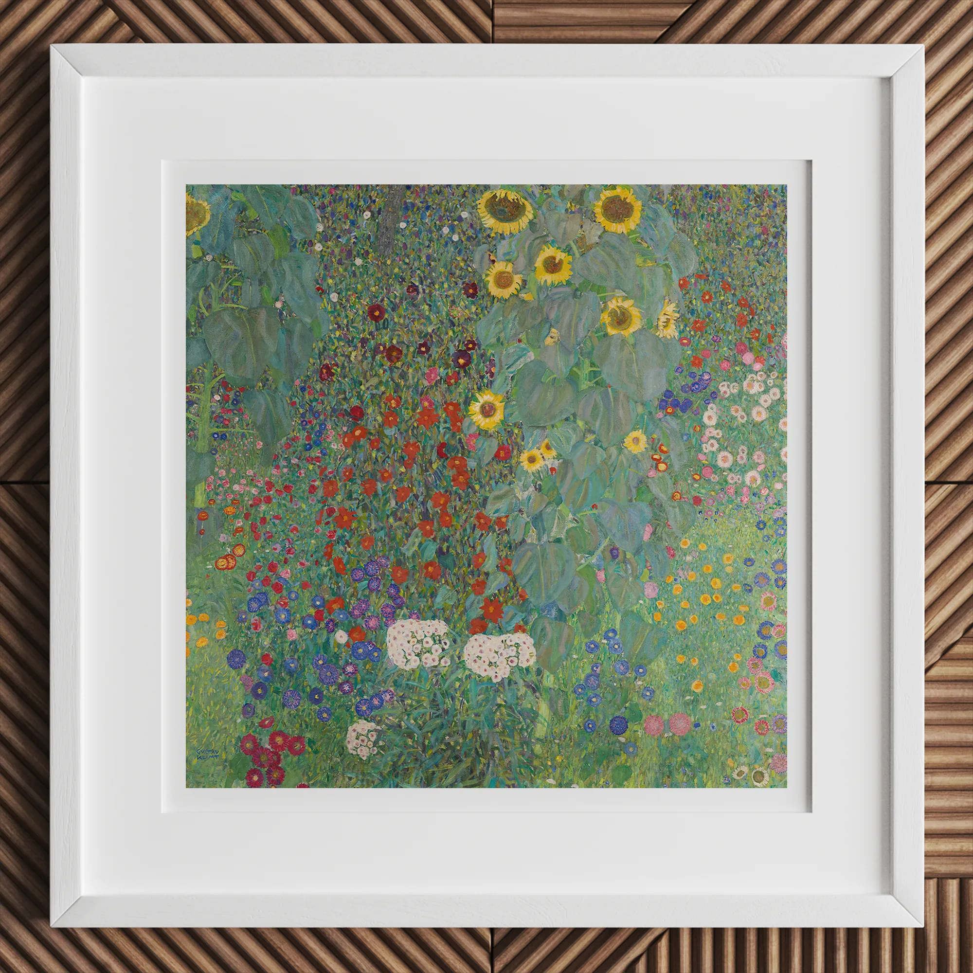Farm Garden with Sunflowers - Gustav Klimt Art Print, 12x12’’ / 31x31cm / White Frame, Framed Reproduction Gustav Klimt’s Farm Garden