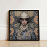 Framed Portrait Man Light Beige Cowboy Hat Floral-patterned Dandy Gay, Elegant Persian Outlaw’s, Vintage Arabic