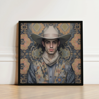 Framed Portrait Man Light Beige Cowboy Hat Floral-patterned Dandy Gay, Elegant Persian Outlaw’s, Vintage Arabic