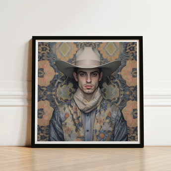 Framed Portrait Man Light Beige Cowboy Hat Patterned Dandy Gay, Elegant Persian Outlaw’s, Vintage Arabic