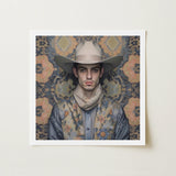 Farzad - Arabic Gay Cowboy Art Print / Canvas Beige Hat Band Worn Man Illustrated Portrait Dandy, Elegant Persian Outlaw’s, Vintage Prints