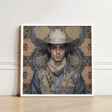Framed Portrait Man Light Beige Cowboy Hat Floral-patterned Dandy Gay, Elegant Persian Outlaw’s, Vintage Arabic
