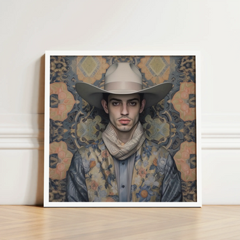 Framed Portrait Man Light Beige Cowboy Hat Floral-patterned Dandy Gay, Elegant Persian Outlaw’s, Vintage Arabic