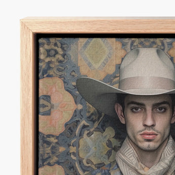 Framed Portrait Man Light Beige Cowboy Hat Scarf Dandy Gay, Elegant Persian Outlaw’s, Vintage Arabic
