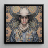 Farzad - Gay Arabic Cowboy Framed Canvas, 12x12’’ / 31x31cm / Black Floating Frame, Portrait Man Cowboy Hat Floral-patterned Clothing