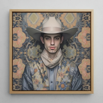 Farzad - Gay Arabic Cowboy Framed Canvas, 12x12’’ / 31x31cm / Natural Floating Frame, Framed Painting Man Cowboy Hat Floral Jacket