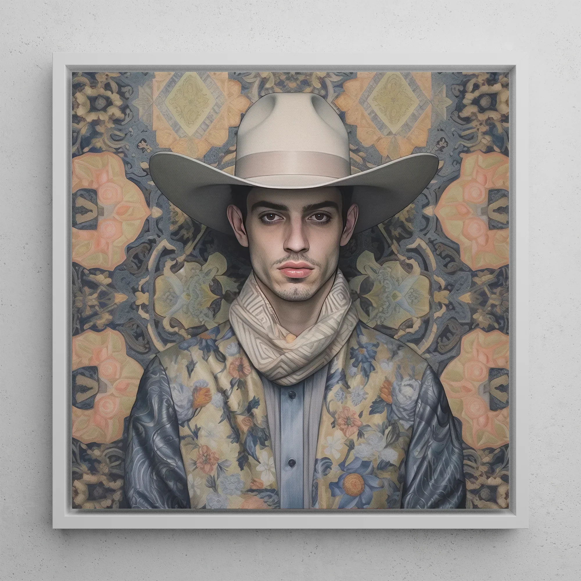 Farzad - Gay Arabic Cowboy Framed Canvas, 12x12’’ / 31x31cm / White Floating Frame, Framed Portrait Cowboy