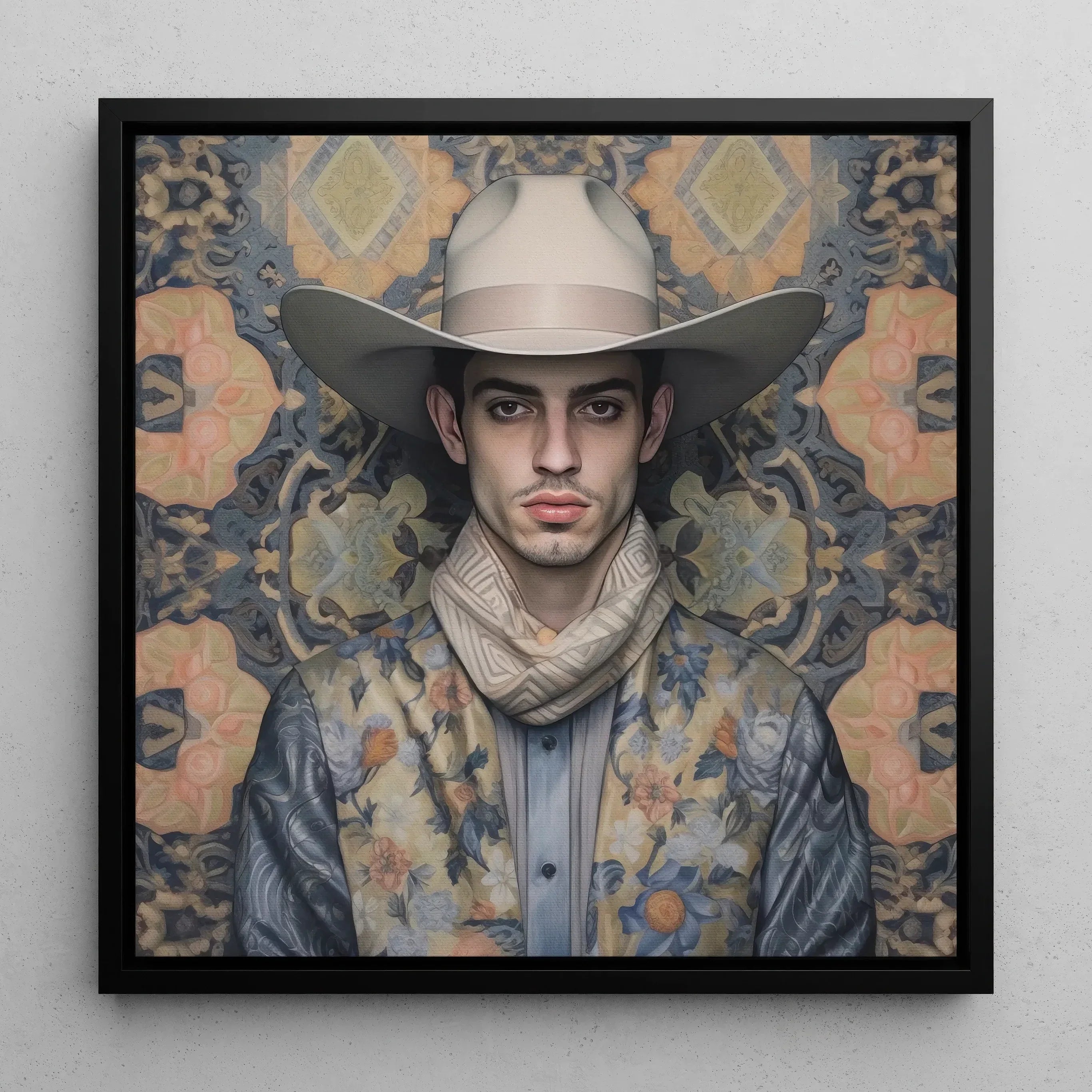 Farzad Gay Arabic Cowboy Framed Canvas, Portrait Man Cowboy Hat Floral Patterned Clothing Ornate Background
