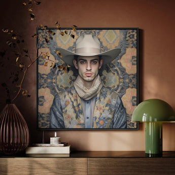 Farzad - Gay Arabic Cowboy Framed Canvas, Framed Portrait Person White Cowboy Hat Blue Shirt