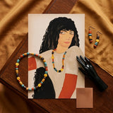 Fashion Postcard no 860 - Wiener Werkstätte Art Print / Canvas Colorful Beaded Necklace Multicolored Cylindrical Beads Shades Yellow Loose
