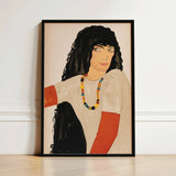 Fashion Postcard no 860 - Wiener Werkstätte Art Print / Canvas Black-framed Stylized Illustration Woman Curly Black Loose Ivory Smock,