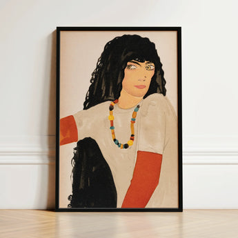 Fashion Postcard no 860 - Wiener Werkstätte Art Print / Canvas Black-framed Stylized Illustration Woman Curly Black Loose Ivory Smock,