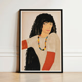 Fashion Postcard no 860 - Wiener Werkstätte Art Print / Canvas Black-framed Stylized Illustration Woman Curly Black Loose Ivory Smock,