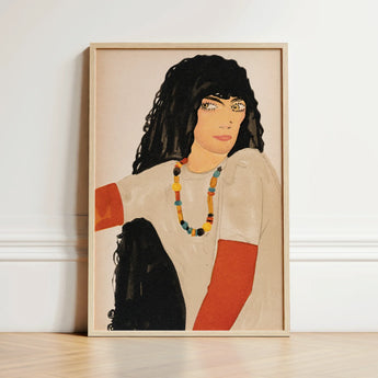 Fashion Postcard no 860 - Wiener Werkstätte Art Print / Canvas Framed Artwork Stylized Illustration Woman Dark Curly Hair Loose Ivory