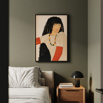Fashion Postcard no 860 - Wiener Werkstätte Art Print / Canvas Framed Artwork Stylized Portrait Woman Dark Curly Hair Loose Ivory Smock,