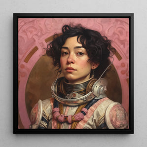 Faustina - Lesbian Mexican Astronaut Framed Canvas, 12x12’’ / 31x31cm / Black Floating Frame, Portrait Young Woman Futuristic Spacesuit