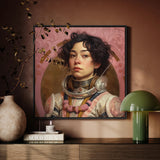 Faustina - Lesbian Mexican Astronaut Framed Canvas, Portrait Young Woman Curly Dark Hair Futuristic Spacesuit