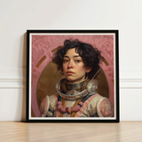 Framed Portrait Woman Astronaut Suit Curly Dark Hair Lesbian Latina, Faustina, Gayest