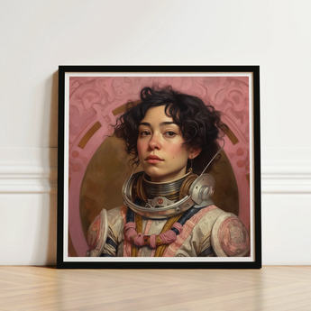 Framed Portrait Woman Astronaut Suit Curly Dark Hair Lesbian Latina, Faustina, Gayest