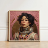 Framed Portrait Woman Astronaut Suit Curly Dark Hair Lesbian Latina, Faustina, Gayest