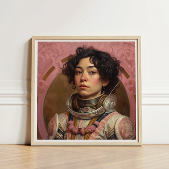 Framed Portrait Woman Astronaut Suit Curly Dark Hair Lesbian Latina, Faustina, Gayest