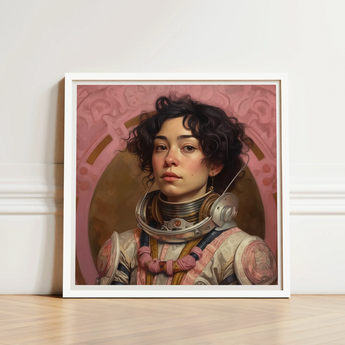 Framed Portrait Woman Astronaut Suit Curly Dark Hair Lesbian Latina, Faustina, Gayest