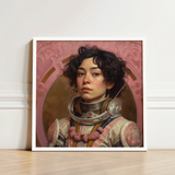 Framed Portrait Woman Astronaut Suit Curly Dark Hair Lesbian Latina, Faustina, Gayest