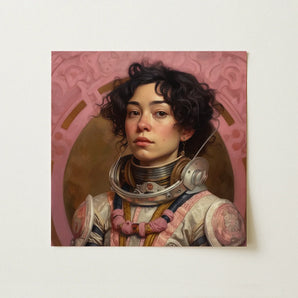 Faustina - Mexican Lesbian Astronaut Art Print / Canvas Portrait Painting Young Woman Astronaut Suit Curly Dark Lesbian Latina Astronaut,