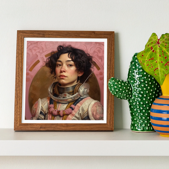 Faustina - Mexican Lesbian Astronaut Art Print, Framed Portrait Person Spacesuit Pink Background