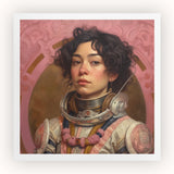 Faustina - Mexican Lesbian Astronaut Art Print, Portrait Young Woman Ornate Spacesuit Helmet Collar Pink