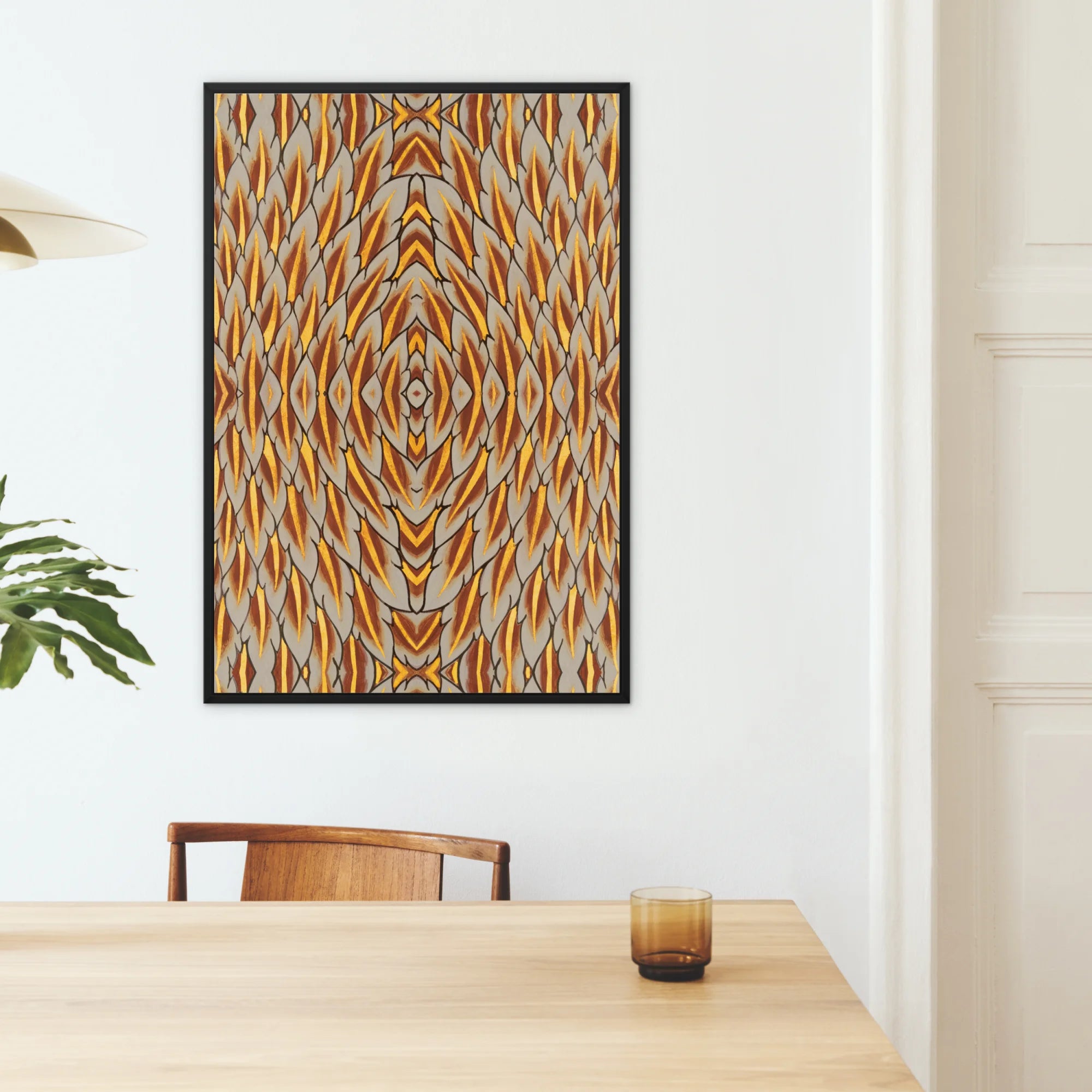 Featherweight Champion - Garuda Feather Framed Canvas, Framed Abstract Art Piece Geometric Patterns Orange Gray