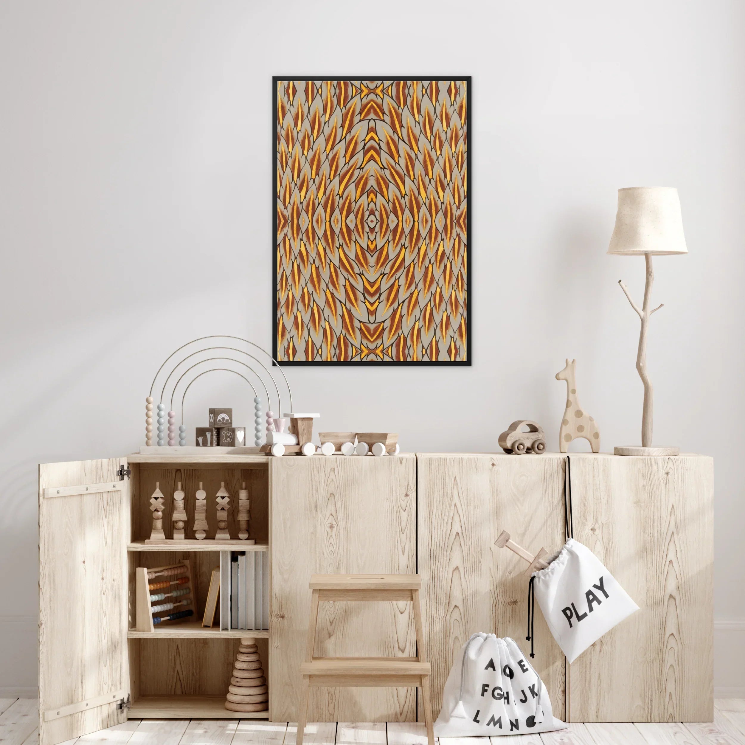 Featherweight Champion Garuda Feather Framed Canvas, Abstract Geometric Pattern Artwork Orange Brown Concentric Shapes