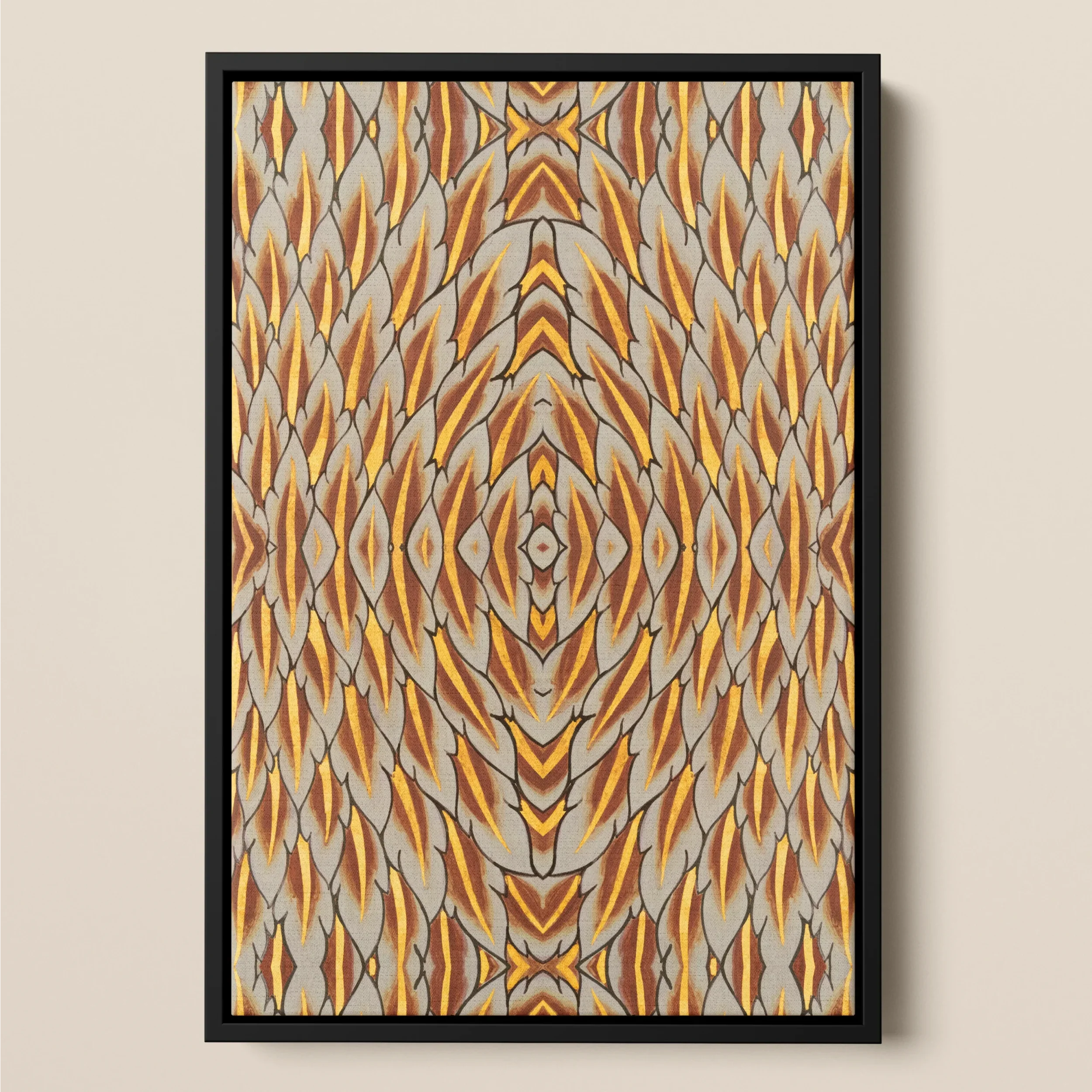 Featherweight Champion - Garuda Feather Framed Canvas, Framed Abstract Artwork Symmetrical Pattern Orange Brown Beige