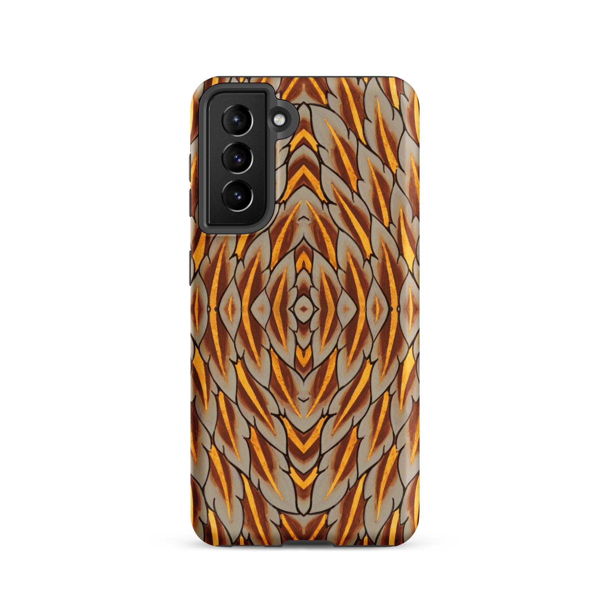 Featherweight Champion Garuda Feathers Samsung Case, Galaxy S21 / Matte, Smartphone Case Symmetrical Feather Like Pattern Shades Brown Gold
