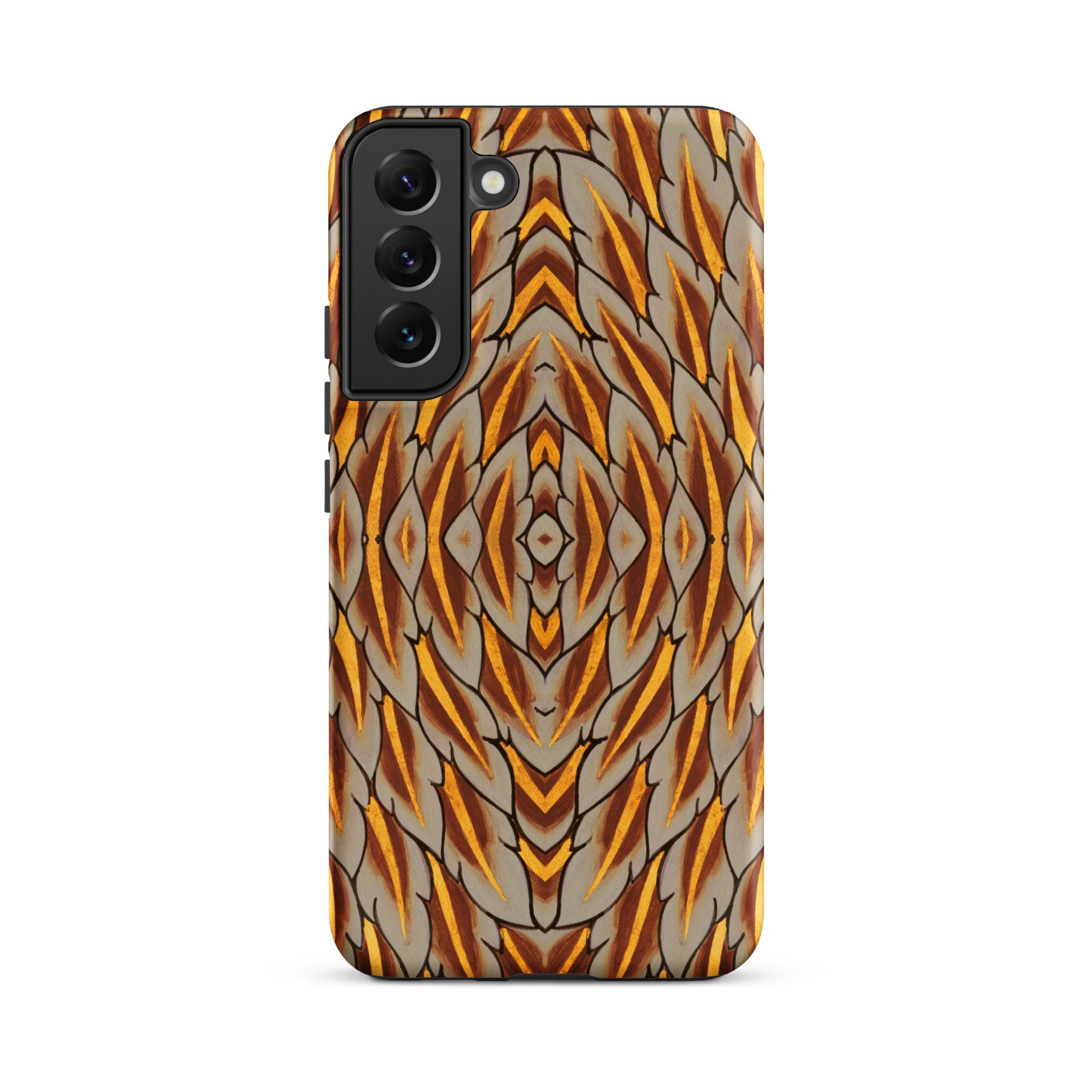 Featherweight Champion Garuda Feathers Samsung Case, Galaxy S22 Plus / Matte, Phone Case Symmetrical Abstract Pattern Brown Gold Feather