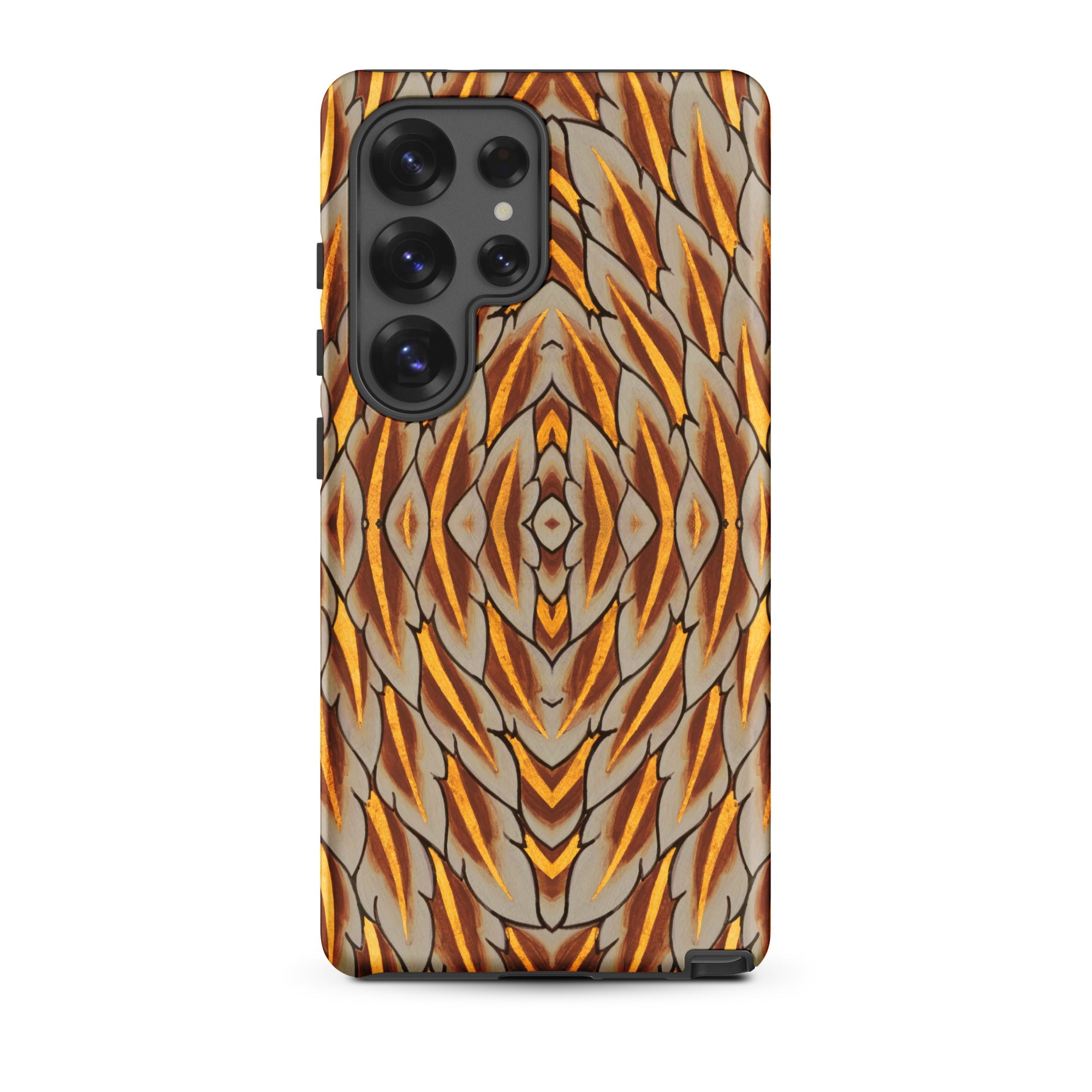 Featherweight Champion Garuda Feathers Samsung Case, Galaxy S25 Ultra / Matte, Phone Case Symmetrical Pattern Brown Gold Feather Like Shapes