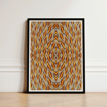 Framed Abstract Artwork Symmetrical Geometric Pattern Golden Beige Trippy Thai Garuda, Art, Ancient Mythology
