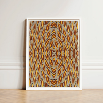 Framed Abstract Artwork Symmetrical Geometric Pattern Golden Gray Trippy Thai Garuda, Art, Ancient Mythology