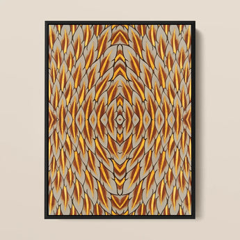 Featherweight Champion - Trippy Thai Garuda Art Print / Canvas Framed Abstract Artwork Symmetrical Geometric Pattern Golden Brown, Ancient