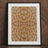 Featherweight Champion - Trippy Thai Garuda Art Print, Framed Abstract Artwork Symmetrical Pattern Orange Yellow Gray