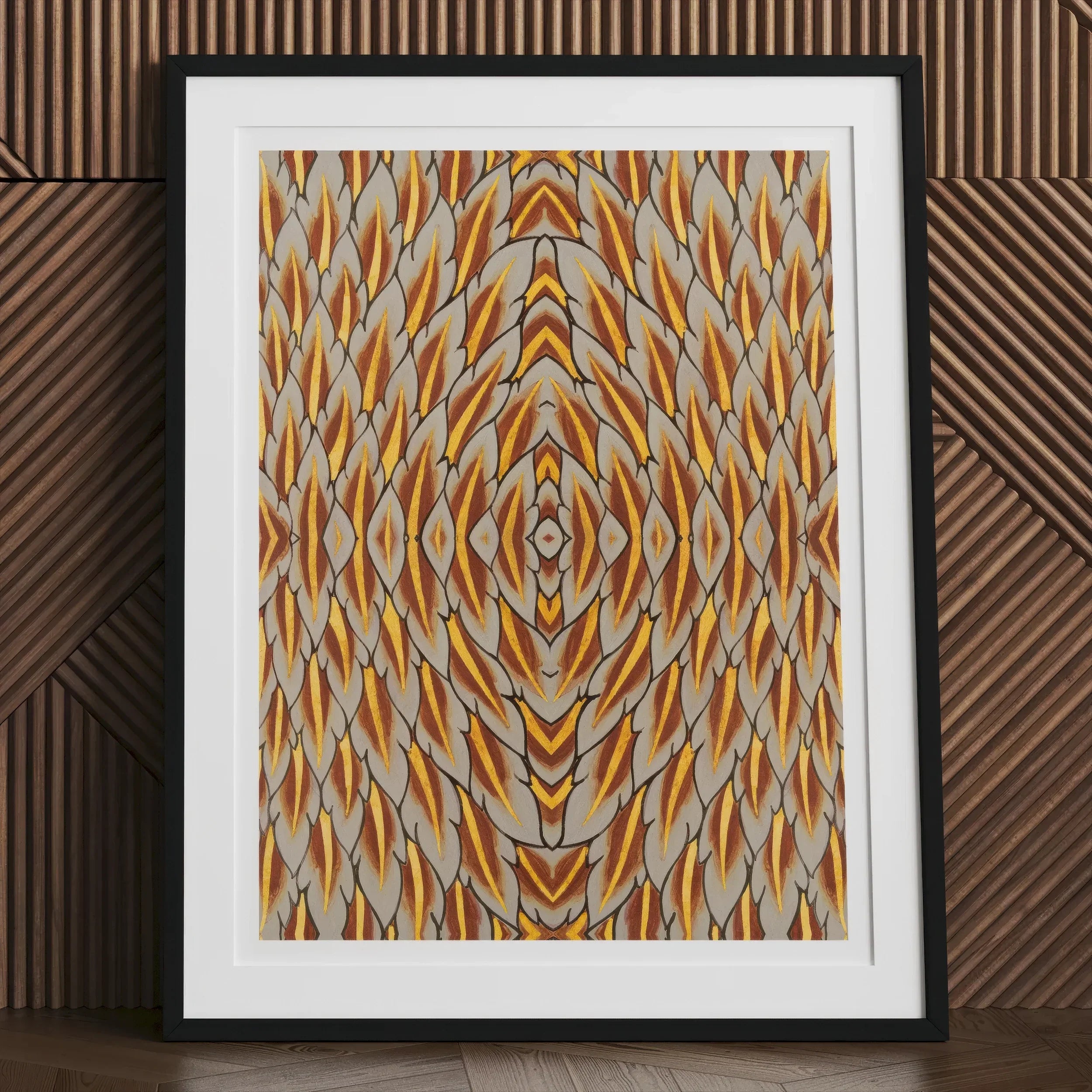 Featherweight Champion - Trippy Thai Garuda Art Print, Framed Abstract Artwork Symmetrical Pattern Orange Yellow Gray